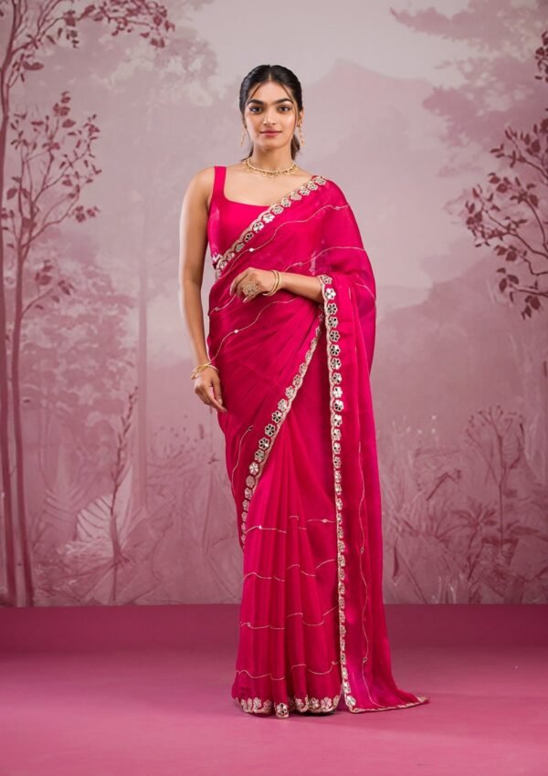 Stunning Rani Pink Georgette Saree with Elegant Mirrorwork - Image 4