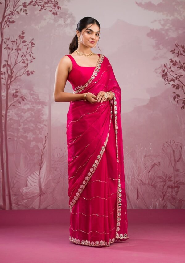 Exquisite Rani Pink Georgette Saree with Stunning Mirrorwork - Image 6