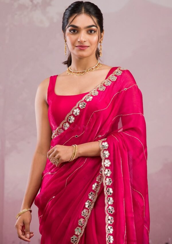 Stunning Rani Pink Georgette Saree with Elegant Mirrorwork - Image 3