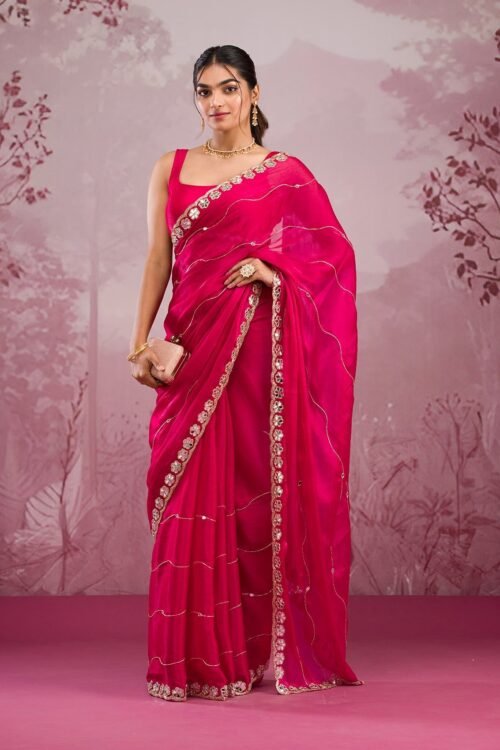 Stunning Rani Pink Georgette Saree with Exquisite Mirrorwork Details