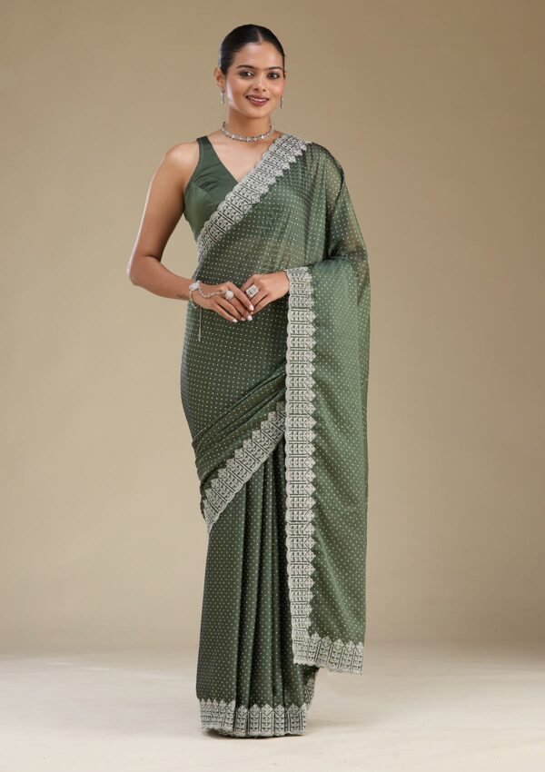 Elegant Mehendi Zariwork Satin Saree for Stunning Occasions - Image 5