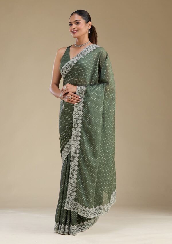 Elegant Mehendi Zariwork Satin Saree for Stunning Occasions - Image 4