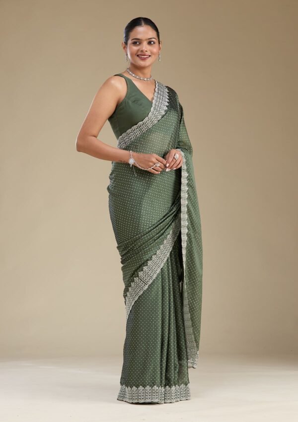 Elegant Mehendi Zariwork Satin Saree for Stunning Occasions - Image 6