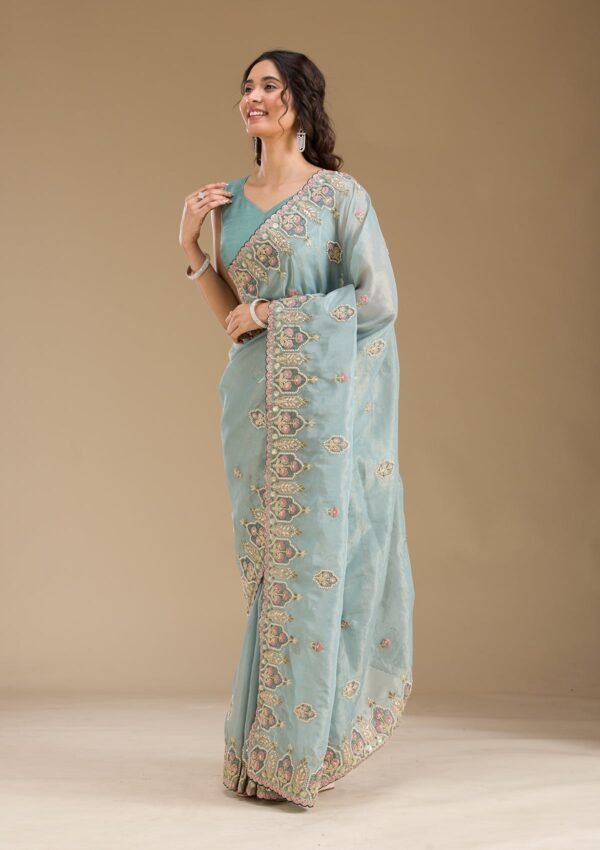 Elegant Grey Pearl Embellished Tissue Saree - Image 5