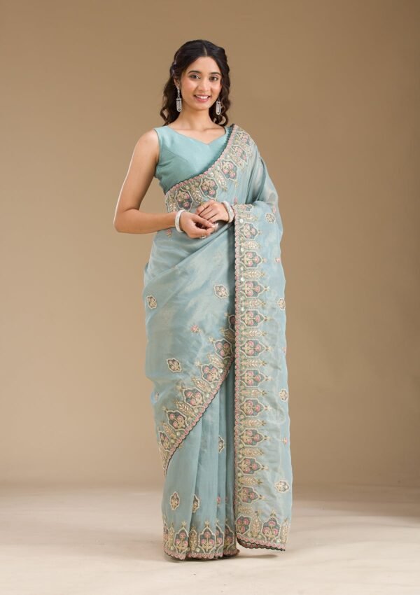 Elegant Grey Pearl Embellished Tissue Saree - Image 6