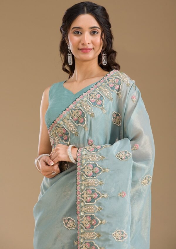 Elegant Grey Pearl Embellished Tissue Saree - Image 3