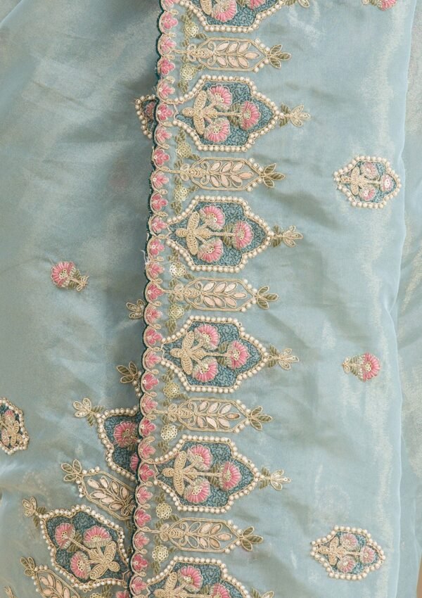 Elegant Grey Pearl Embellished Tissue Saree - Image 7