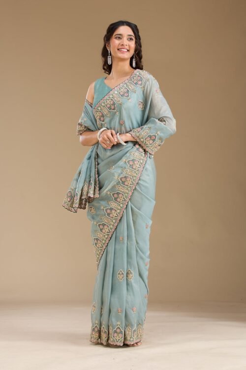 Elegant Grey Pearl Embellished Tissue Saree