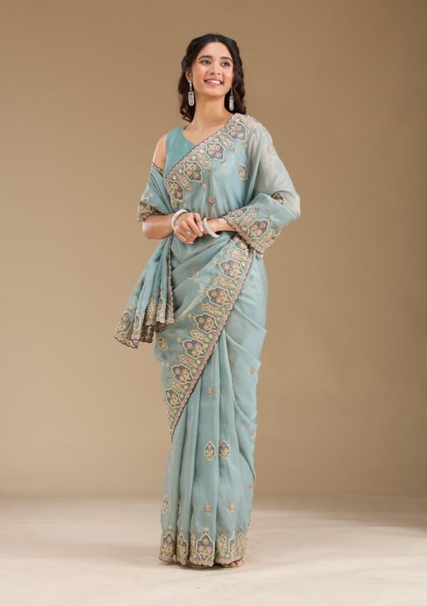 Elegant Grey Pearl Embellished Tissue Saree