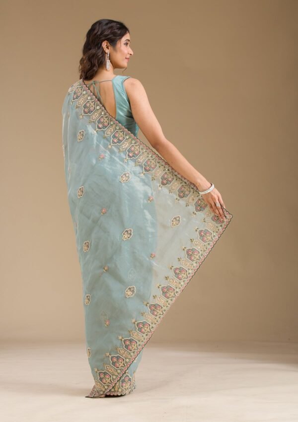 Elegant Grey Pearl Embellished Tissue Saree - Image 2