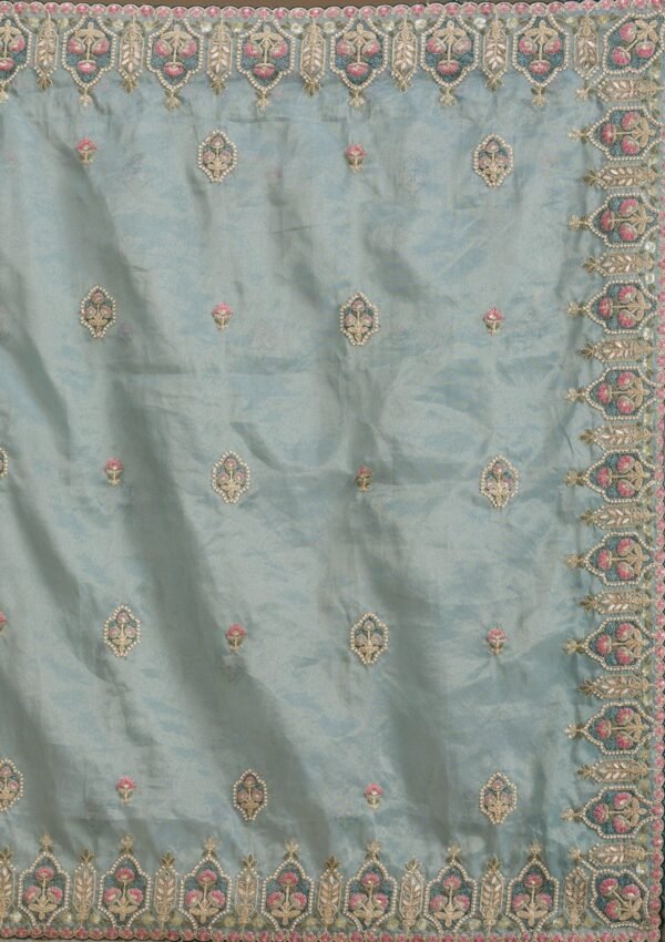 Elegant Grey Pearl Embellished Tissue Saree - Image 8