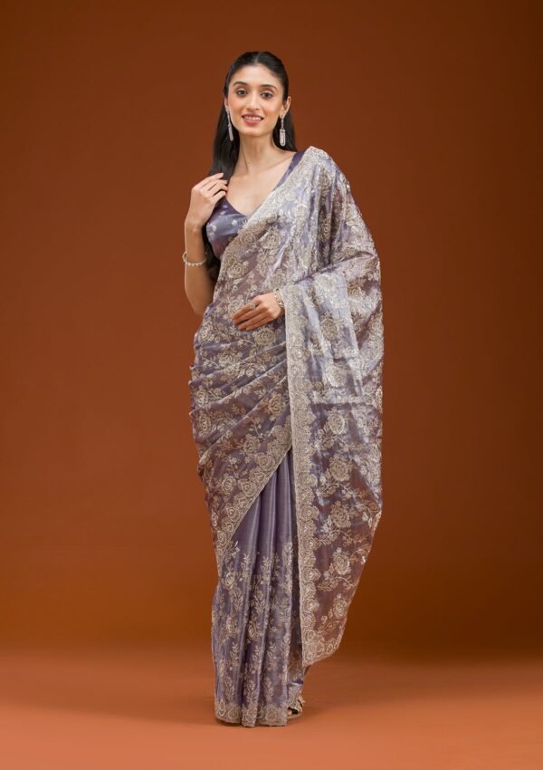 Elegant Grey Tissue Saree with Intricate Zariwork - Image 4