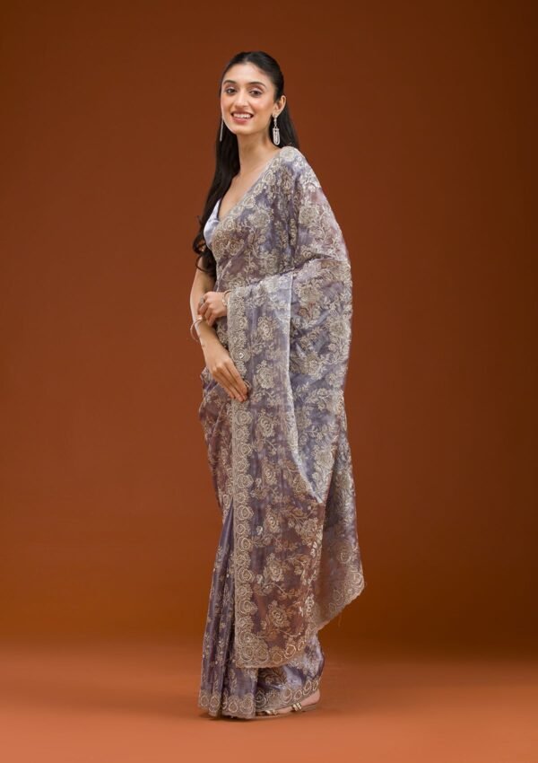 Elegant Grey Tissue Saree with Intricate Zariwork - Image 5