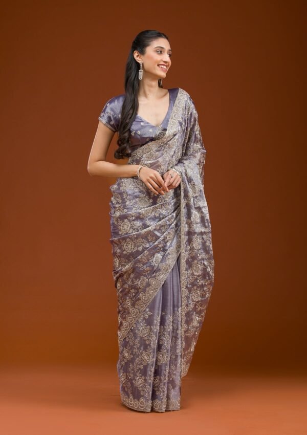 Elegant Grey Tissue Saree with Intricate Zariwork - Image 6