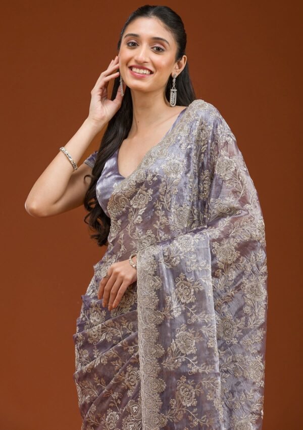 Elegant Grey Tissue Saree with Intricate Zariwork - Image 3