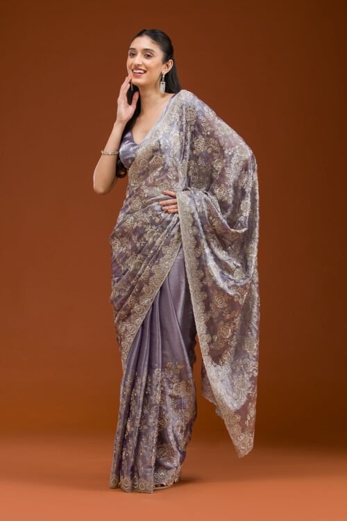 Elegant Grey Tissue Saree with Intricate Zariwork