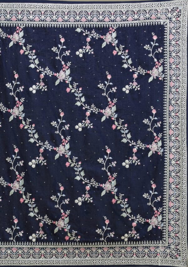 Elegant Navy Blue Silk Saree with Exquisite Threadwork - Image 8