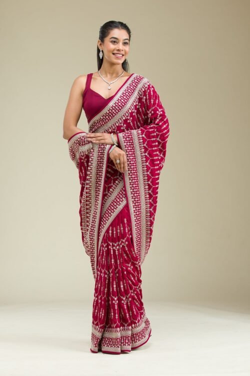 Elegant Maroon Silk Saree with Exquisite Threadwork