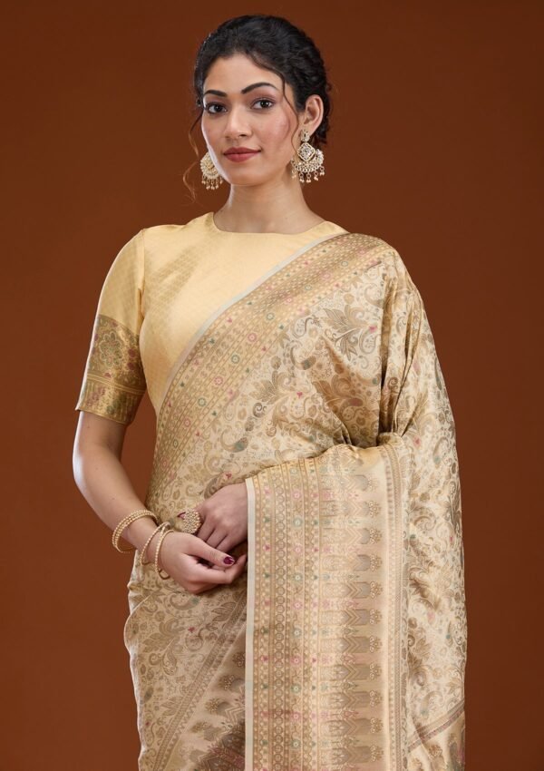 Elegant Beige Zari Work Art Silk Saree - Image 3