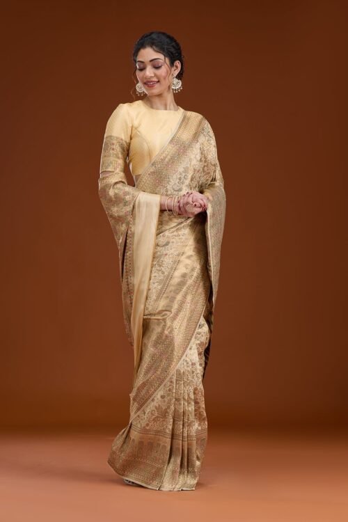 Elegant Beige Zari Work Art Silk Saree