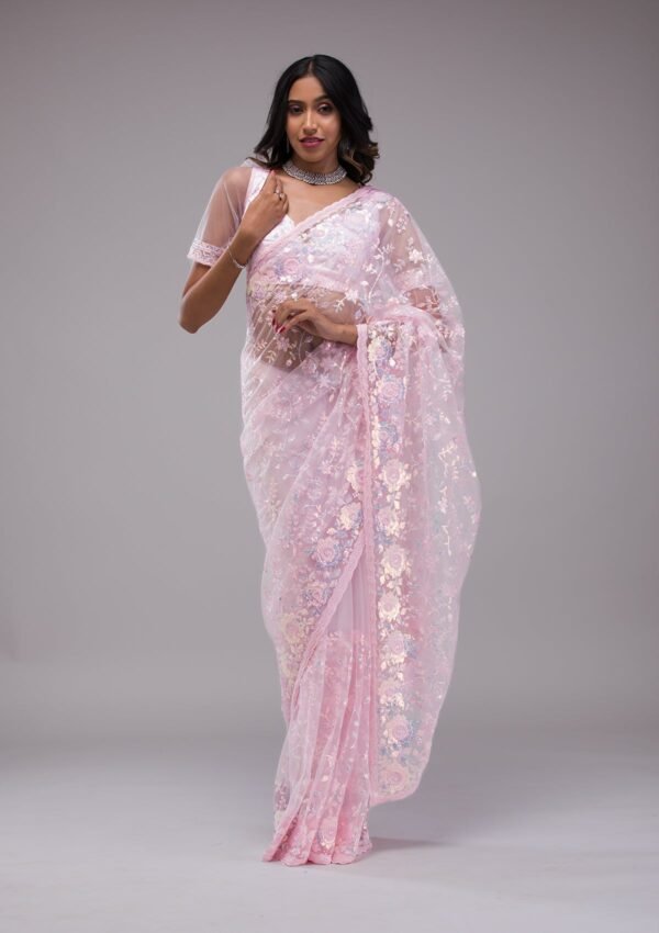 Glamorous Baby Pink Sequin-Embellished Tissue Saree - Image 3