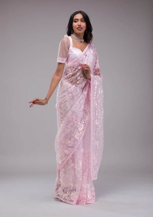 Glamorous Baby Pink Sequin-Embellished Tissue Saree - Image 5