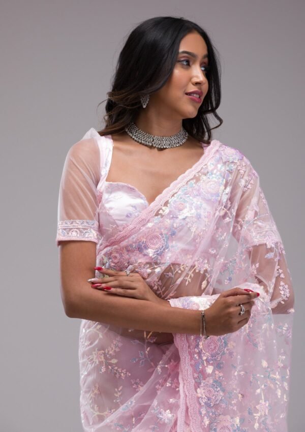 Glamorous Baby Pink Sequin-Embellished Tissue Saree - Image 6