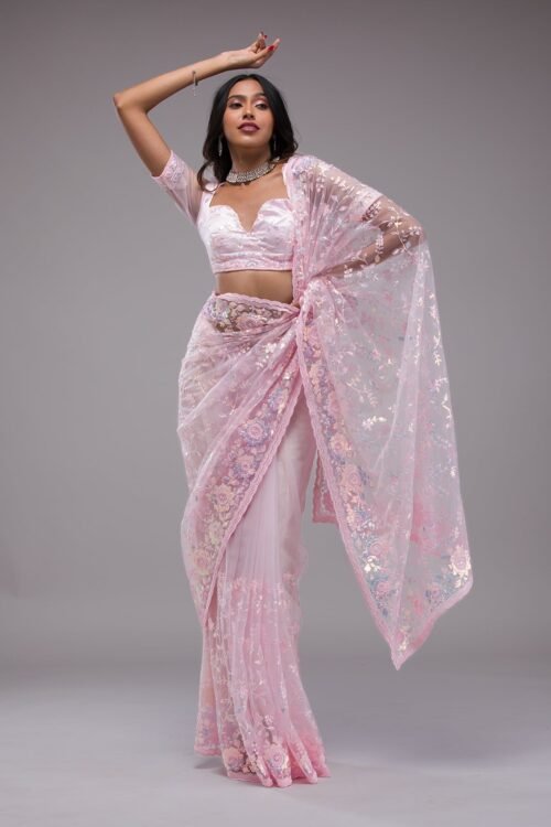 Glamorous Baby Pink Sequin-Embellished Tissue Saree