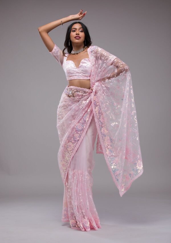 Glamorous Baby Pink Sequin-Embellished Tissue Saree
