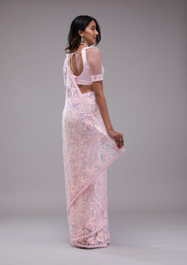 Glamorous Baby Pink Sequin-Embellished Tissue Saree - Image 2