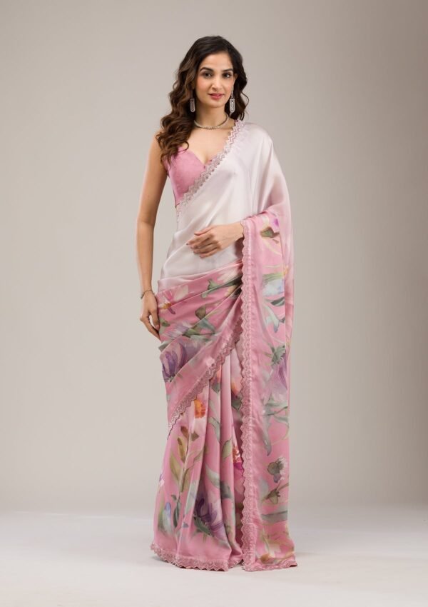 Elegant Baby Pink Satin Saree with Stunning Stonework - Image 3