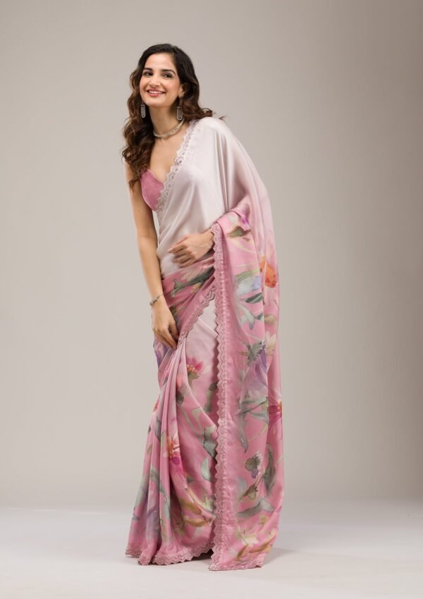 Elegant Baby Pink Satin Saree with Stunning Stonework - Image 4