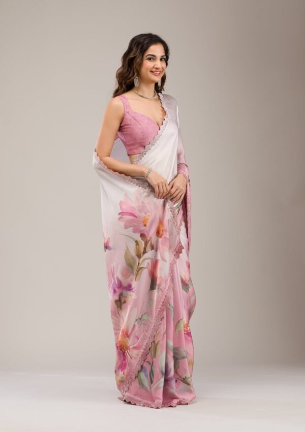 Elegant Baby Pink Satin Saree with Stunning Stonework - Image 5