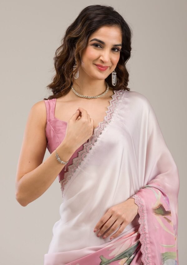 Elegant Baby Pink Satin Saree with Stunning Stonework - Image 7