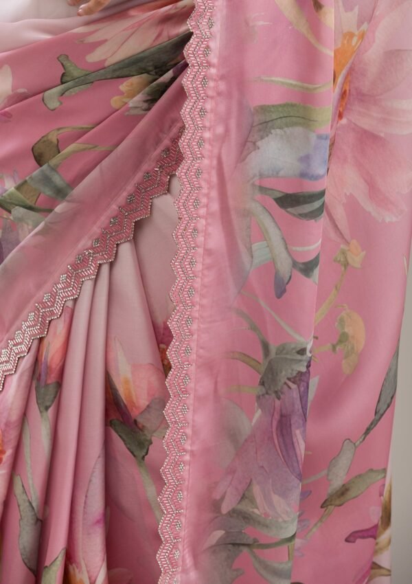 Elegant Baby Pink Satin Saree with Stunning Stonework - Image 8