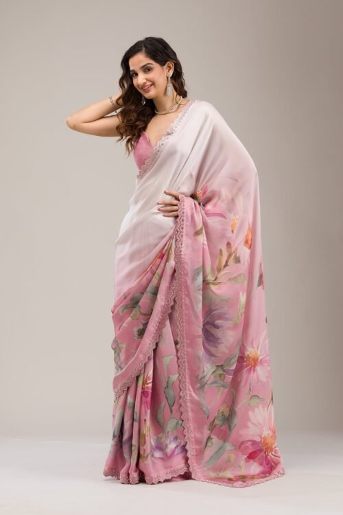 Elegant Baby Pink Satin Saree with Stunning Stonework