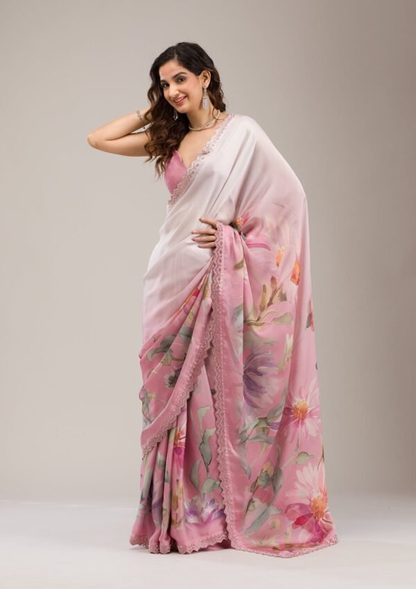 Elegant Baby Pink Satin Saree with Stunning Stonework