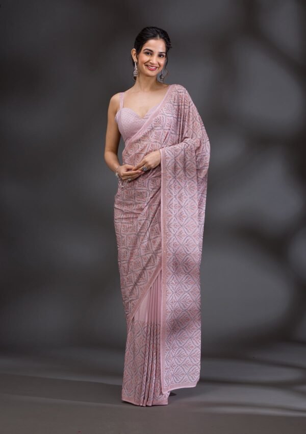 Elegant Baby Pink Satin Saree with Stunning Stonework - Image 3