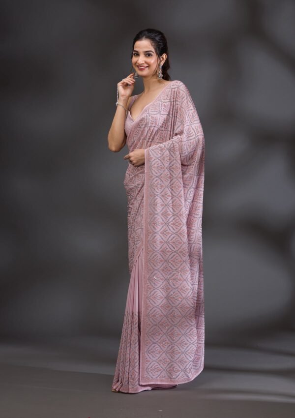 Elegant Baby Pink Satin Saree with Stunning Stonework - Image 4