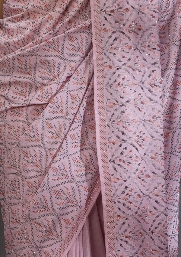 Elegant Baby Pink Satin Saree with Stunning Stonework - Image 7