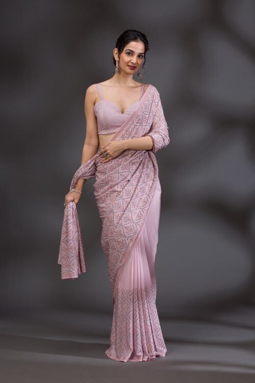 Elegant Baby Pink Satin Saree with Stunning Stonework