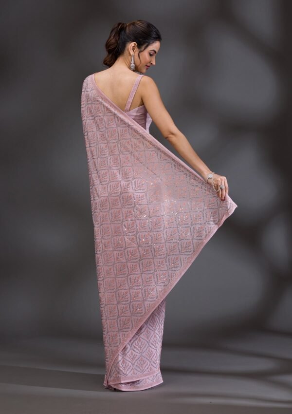 Elegant Baby Pink Satin Saree with Stunning Stonework - Image 2