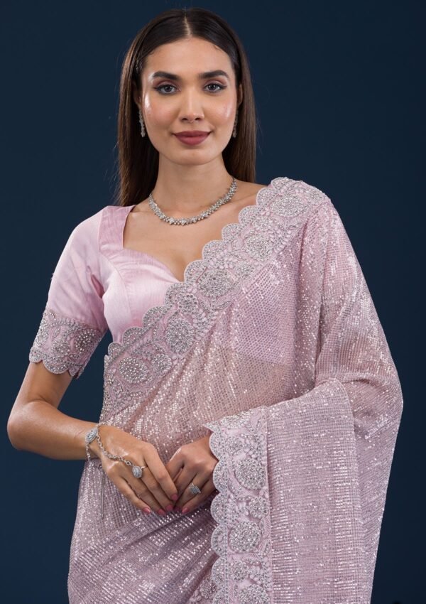 Charming Baby Pink Net Saree with Beautiful Threadwork - Image 6