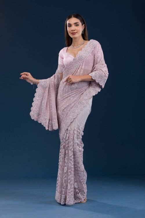 Charming Baby Pink Net Saree with Beautiful Threadwork