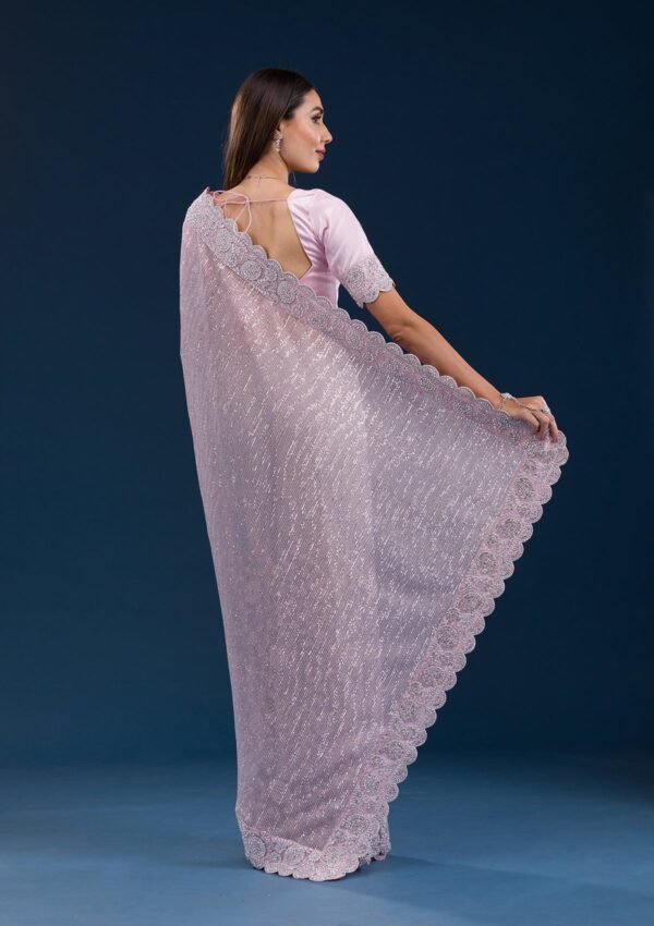 Charming Baby Pink Net Saree with Beautiful Threadwork - Image 2