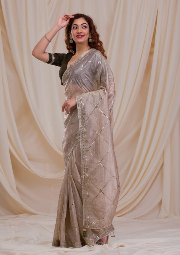 Elegant Beige Gotapatti Organza Saree for a Timeless Look - Image 3