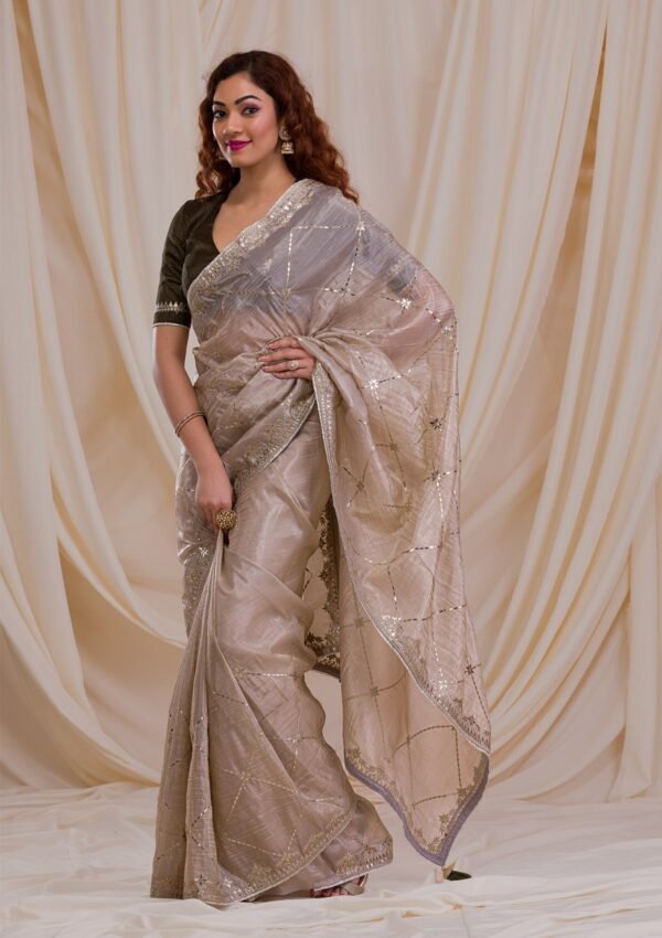 Elegant Beige Gotapatti Organza Saree for a Timeless Look