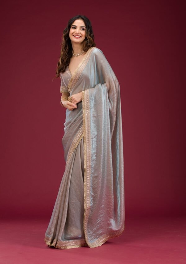 Elegant Sky Blue Threadwork Tissue Saree for a Stunning Look - Image 4