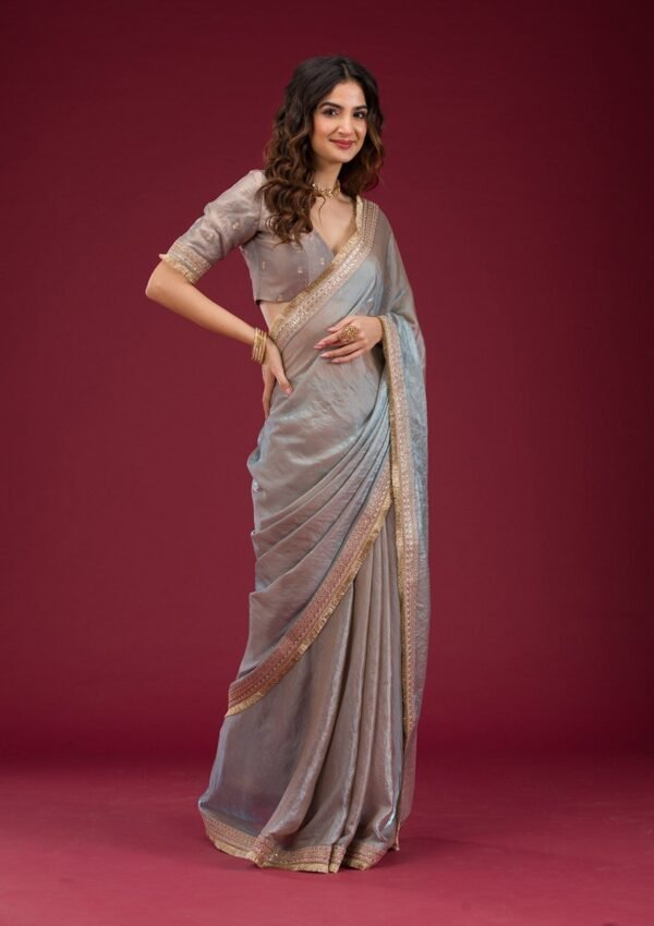 Elegant Sky Blue Threadwork Tissue Saree for a Stunning Look - Image 5