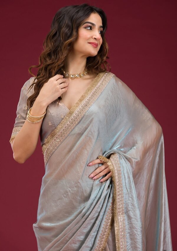Elegant Sky Blue Threadwork Tissue Saree for a Stunning Look - Image 6